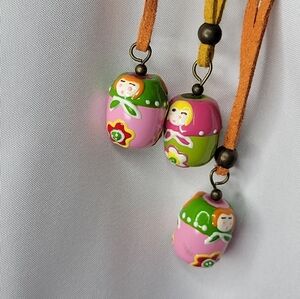 3 Pink and Green Matryoshka Doll Necklaces